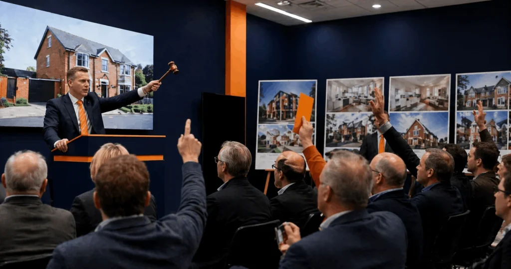 Property buyers at UK auction making bidding decisions with bridging finance