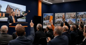 Property buyers at UK auction making bidding decisions with bridging finance