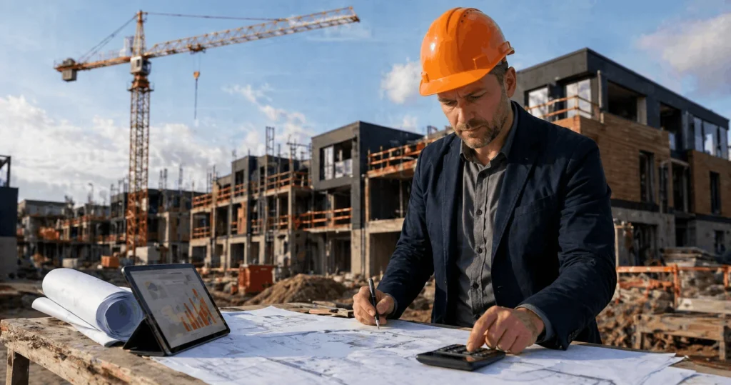 Property developer planning bridging finance for development project with GDV calculations