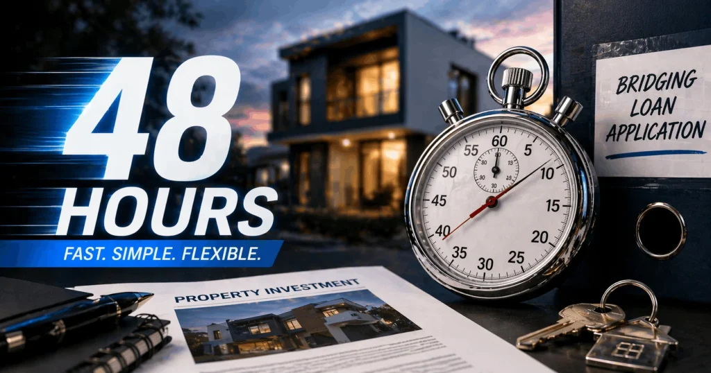 Fast bridging finance approval with documents showing 48-72 hour completion timeline