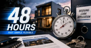 Fast bridging finance approval with documents showing 48-72 hour completion timeline