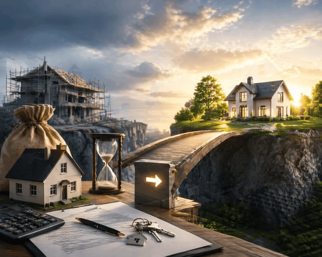 Property investor reviewing bridging loan exit strategy documents and planning repayment