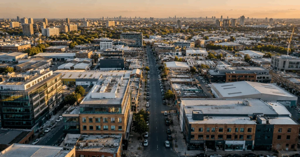 Commercial bridging loan aerial view of London commercial property investment