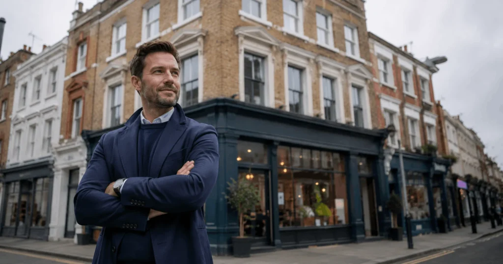 Non-regulated bridging loan property investor standing outside London investment property