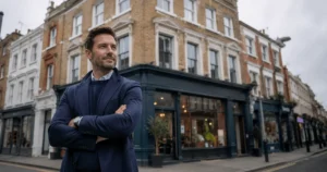 Non-regulated bridging loan property investor standing outside London investment property