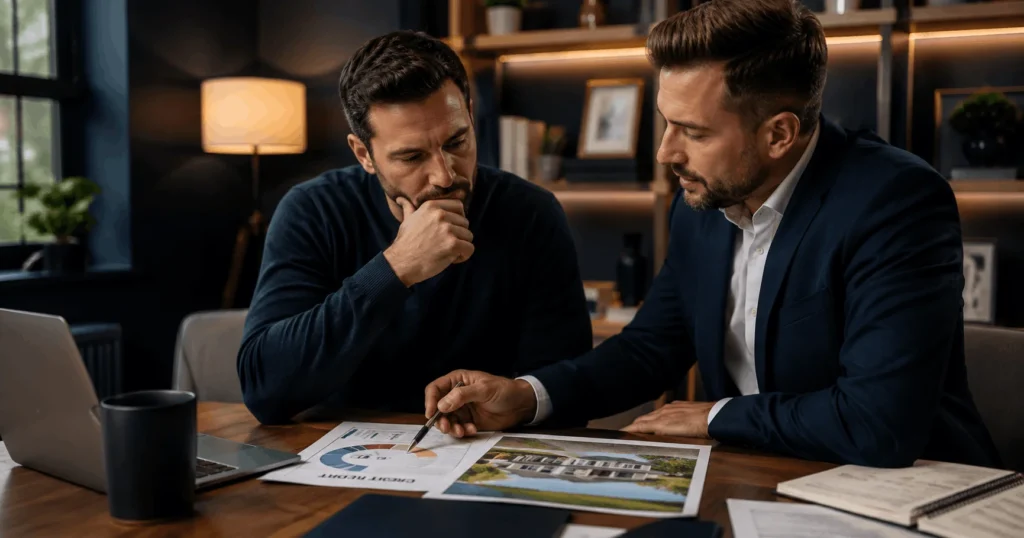 Bad credit bridging loan property investor reviewing finance options with specialist broker