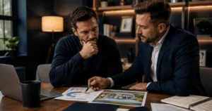 Bad credit bridging loan property investor reviewing finance options with specialist broker