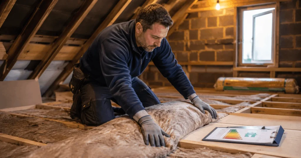 Bridging loan EPC upgrade — landlord reviewing energy performance certificate with contractor