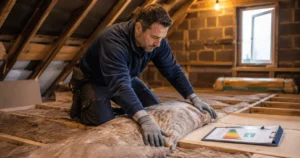 Bridging loan EPC upgrade — landlord reviewing energy performance certificate with contractor