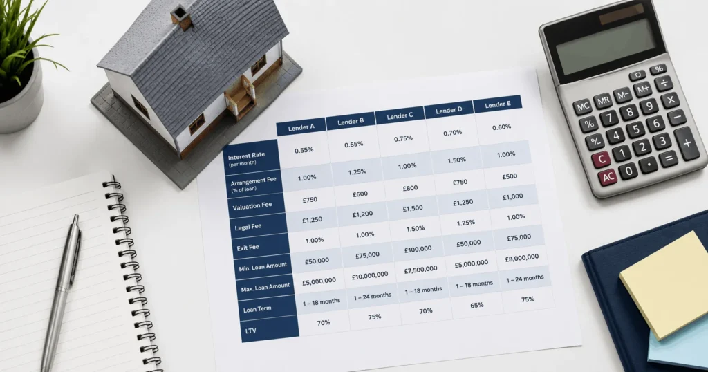 Bridging loan rates UK 2026 - property investor reviewing rate comparison documents with broker