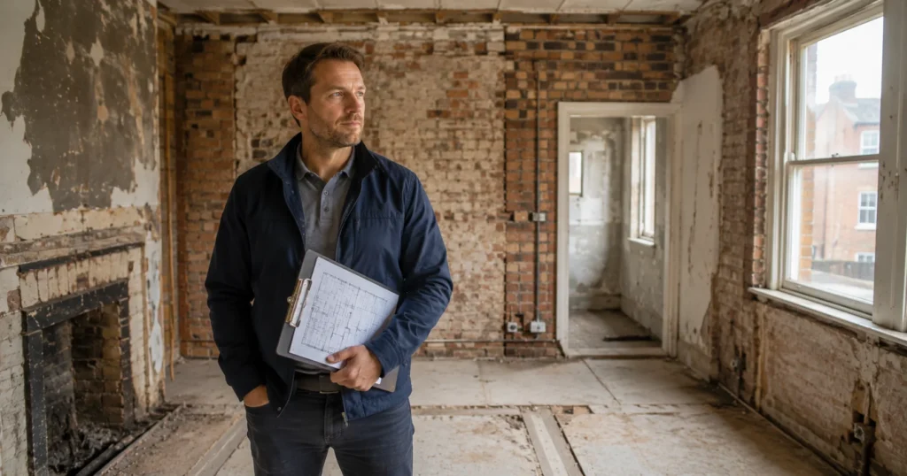 Bridging loan for refurbishment — property investor reviewing renovation plans in unmortgageable property