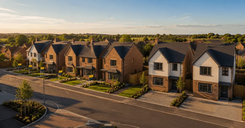 Development exit finance — newly completed residential development with for sale signs