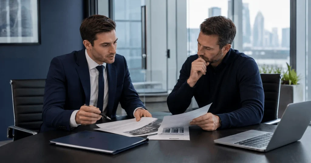 Limited company bridging loan property investor reviewing SPV structure documents with broker