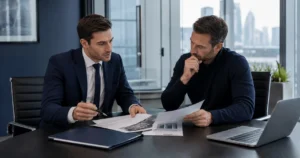 Limited company bridging loan property investor reviewing SPV structure documents with broker