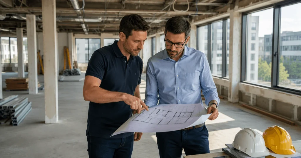 Permitted development bridging loan — developer reviewing Class MA conversion plans for an office building