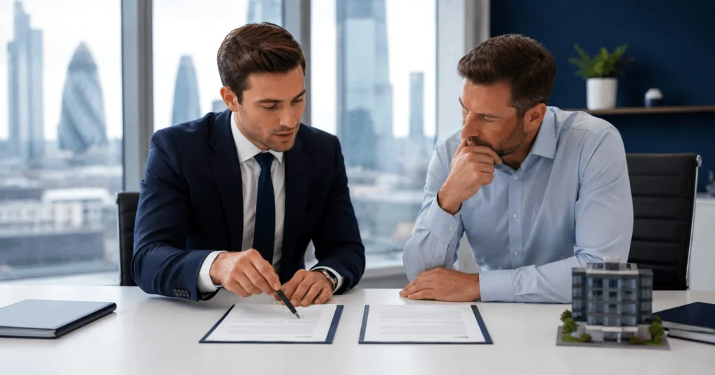 Second charge bridging loan — property investor reviewing equity release documents with broker
