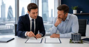 Second charge bridging loan — property investor reviewing equity release documents with broker
