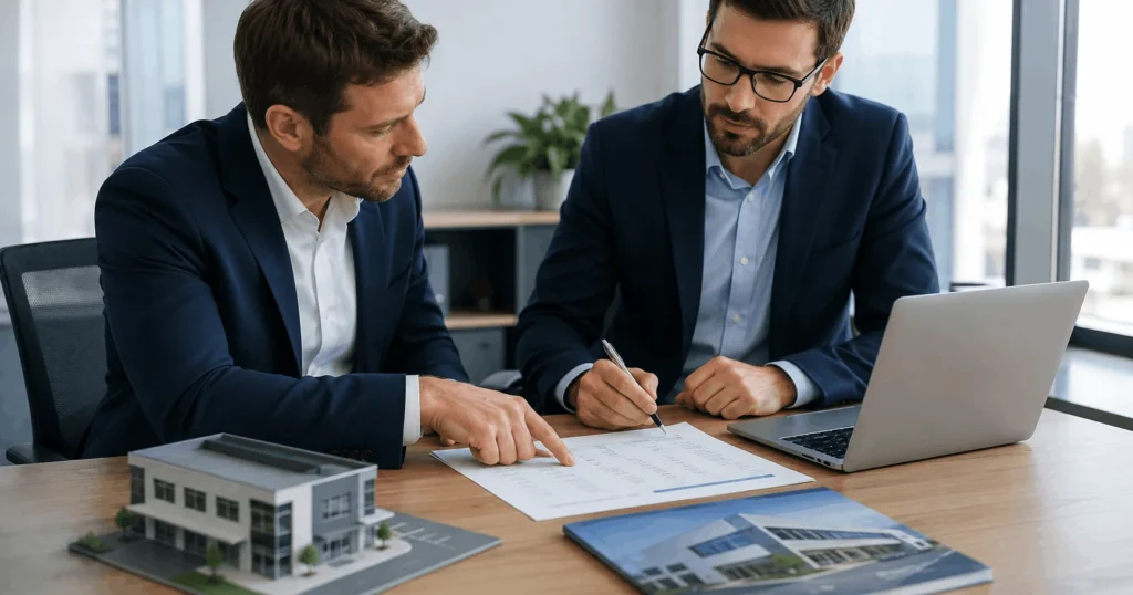 VAT bridging loan — commercial property investor reviewing VAT documents with broker