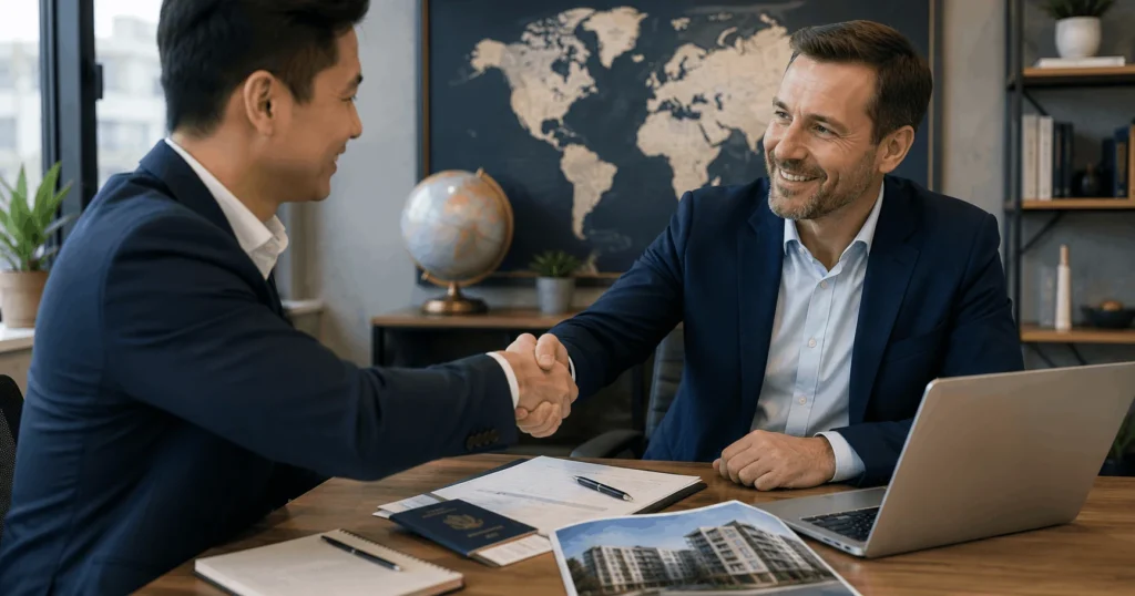 Bridging loan for foreign nationals — overseas investor reviewing UK property documents with broker