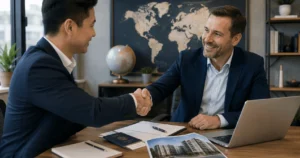 Bridging loan for foreign nationals — overseas investor reviewing UK property documents with broker