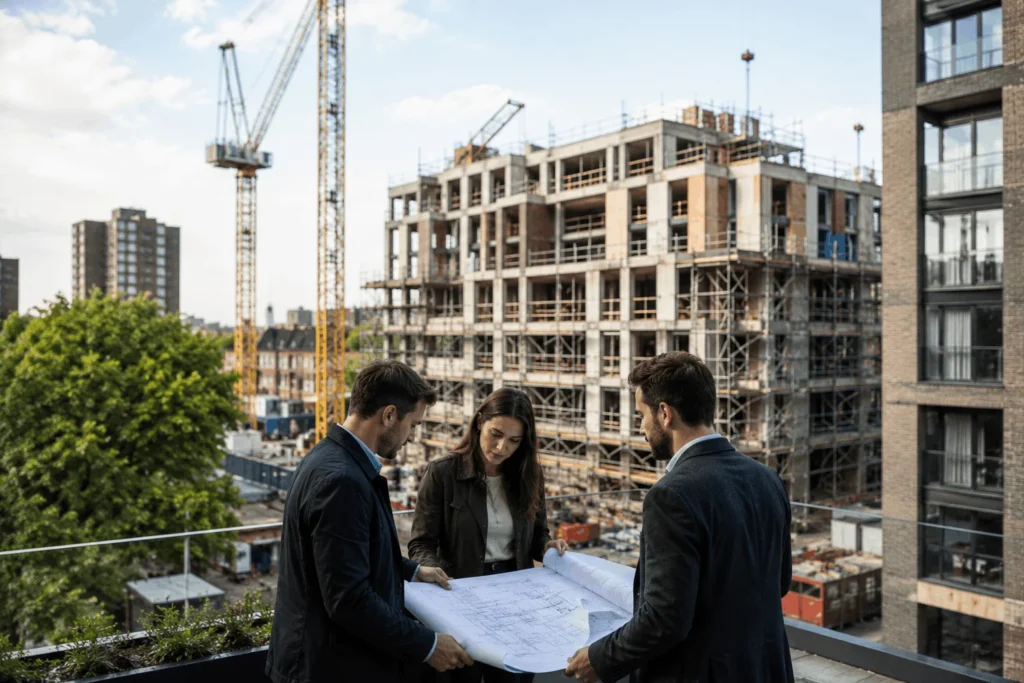 Property investors and developers reviewing a redevelopment project in Hackney