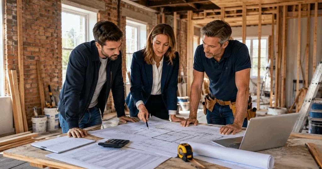 First-time property developer reviewing refurbishment plans with a broker and contractor before applying for bridging finance.