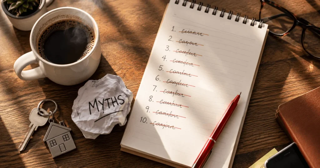 Property investor sitting with coffee and a list of bridging loan myths crossed out one by one