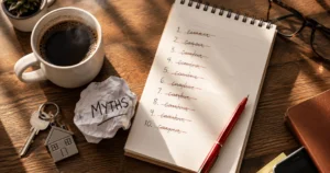 Property investor sitting with coffee and a list of bridging loan myths crossed out one by one