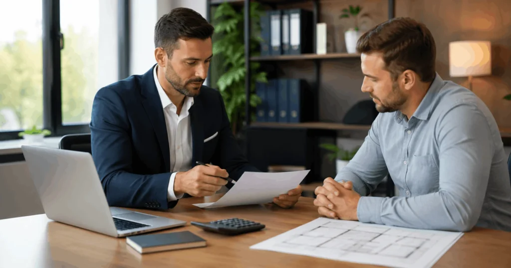 Property investor and specialist broker discussing bridging loans UK rates, costs, eligibility and exit strategies