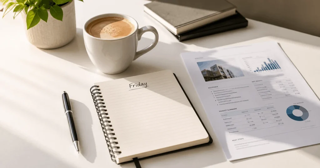 Flat-lay of a notebook, coffee and finance documents representing the Friday Finance Brief on non-regulated bridging finance.