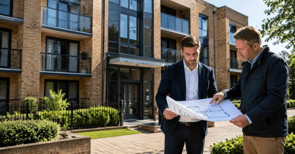 Property investor and surveyor reviewing plans outside a multi-unit freehold block funded with a MUFB bridging loan