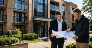 Property investor and surveyor reviewing plans outside a multi-unit freehold block funded with a MUFB bridging loan