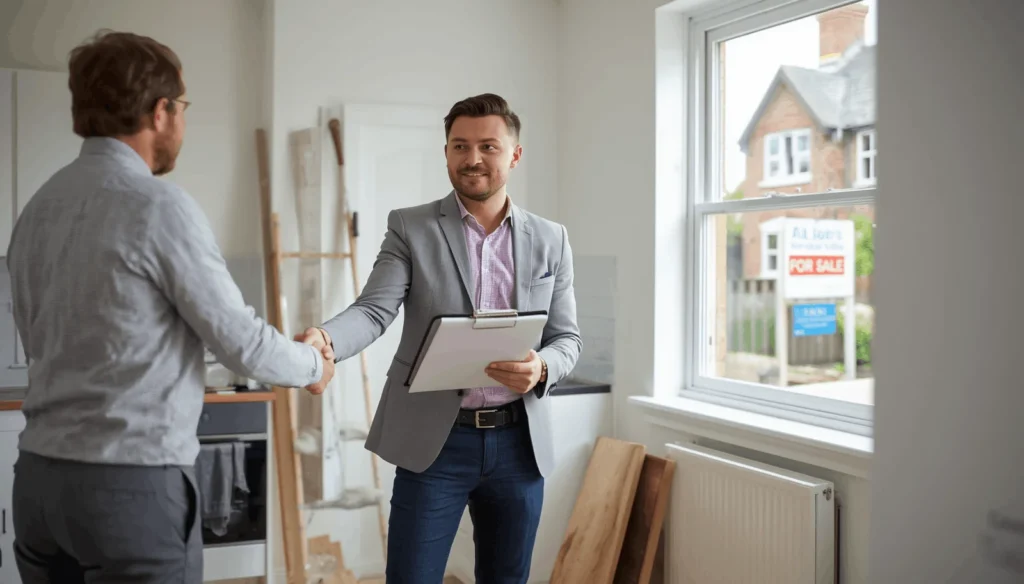 Property investor reviewing refurbishment plans for property flipping with bridging finance